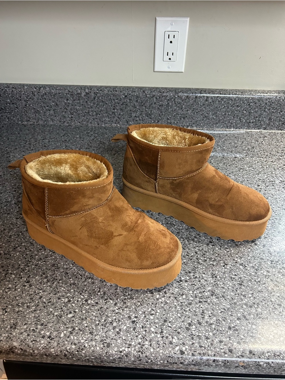 SHEIN Chestnut Faux Suede Faux Fur Platform Ankle Slippers